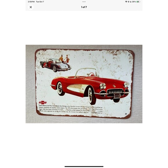 1959 Chevrolet CORVETTE 10” x 7” Purposefully Distressed Metal Sign Man Cave - Picture 1 of 7